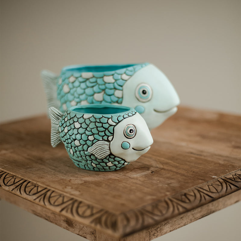 Blue Fish Planter and Baby Blue Fisher Planter