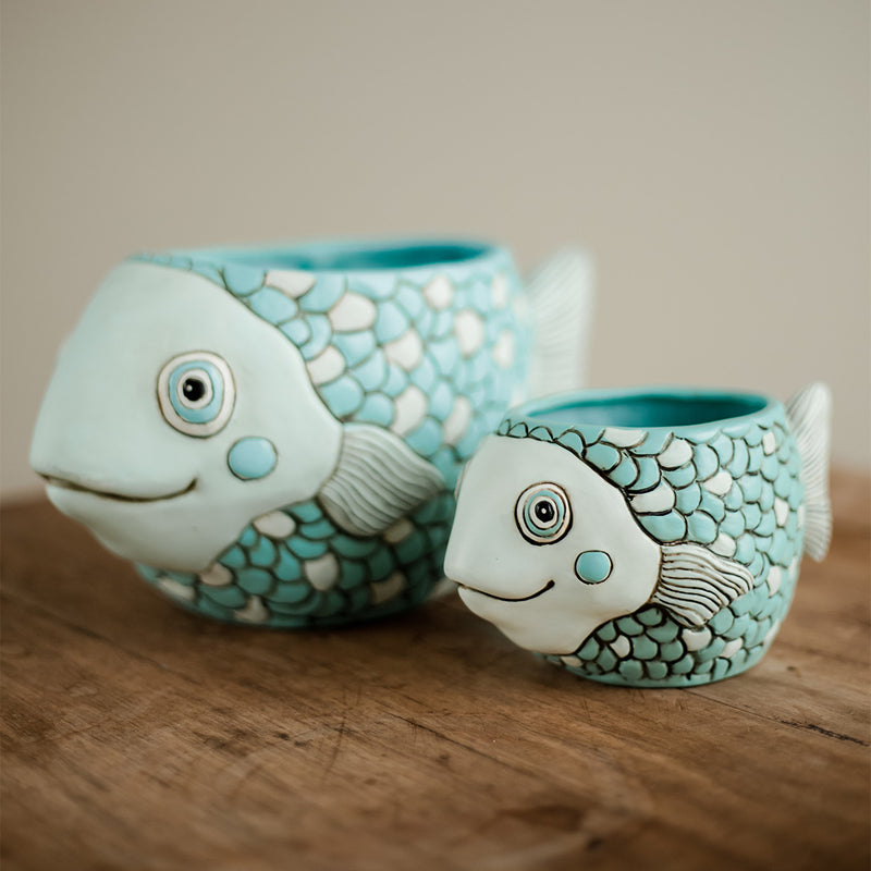 Blue Fish Planter and Baby Blue Fisher Planter