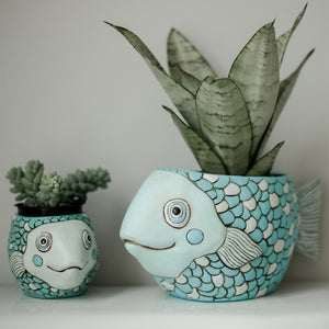 Blue Fish Planter and Baby Blue Fisher Planter